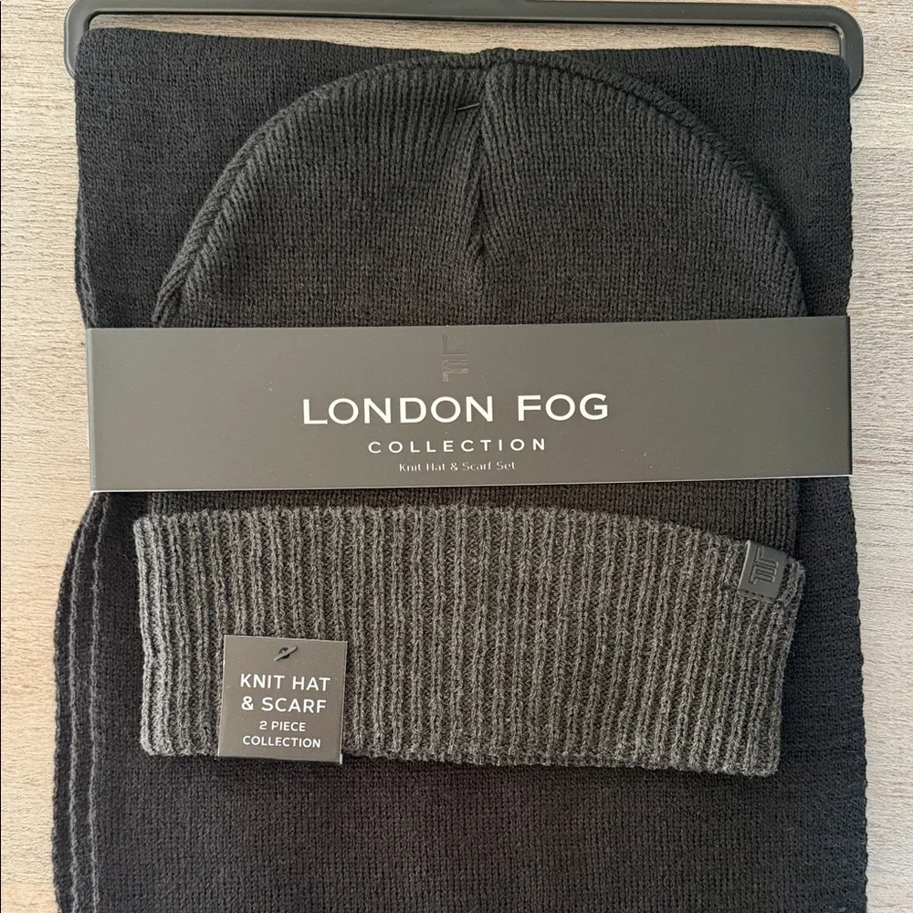 London Fog Knit Hat & Scarf Set - Black & Charcoal